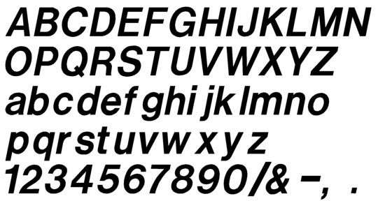 Image of our complete alphabet in Helvetica Italic font for cast metal dimensional Letters